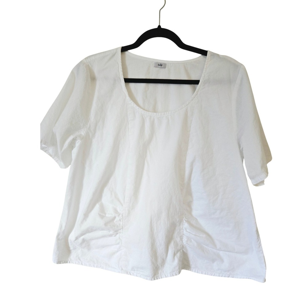 Tulip Womens Medium Top White Cotton Ruched Boxy Art To Wear Lagenlook Poplin